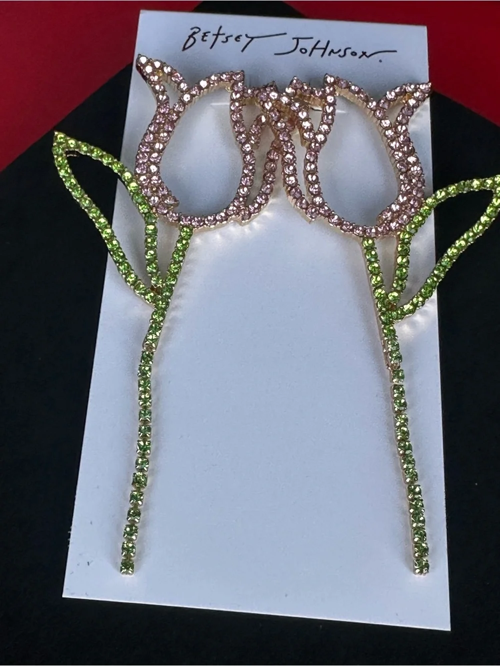 Betsey Johnson Pink and Green Rhinestone Tulip earring set